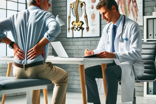 DALL·E 2024-12-17 10.57.33 - A scene inside a modern medical clinic showing a face-to-face consultation. A middle-aged patient is sitting on a chair, holding their lower back in d